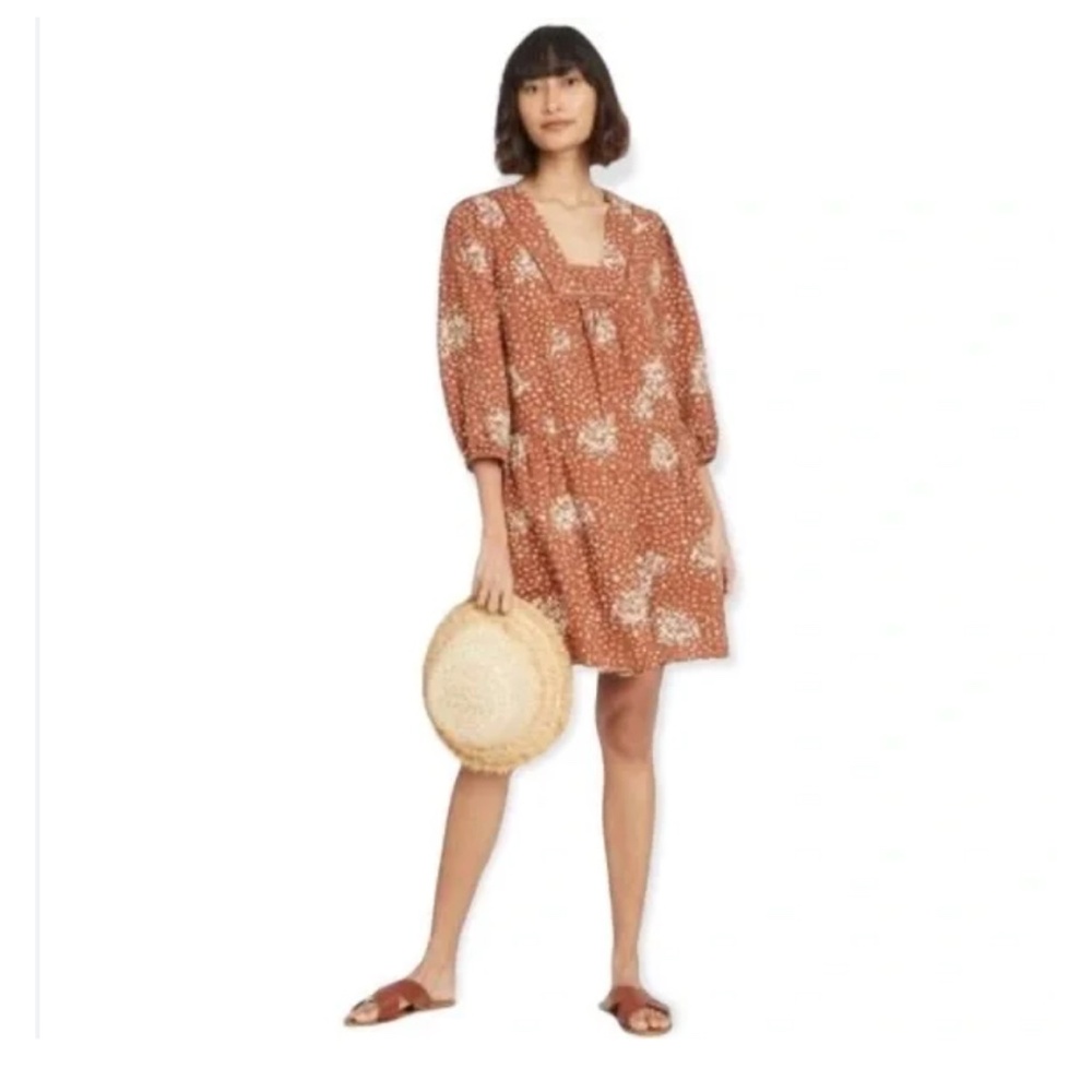 Knox Rose Burnt Orange Babydoll Dress Flowy Flirty Prairie Boho Mini  Sz XS